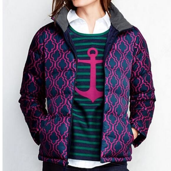 Lands End Down Puffer Jacket in Classic Navy Lattice Print - Picture 1 of 10